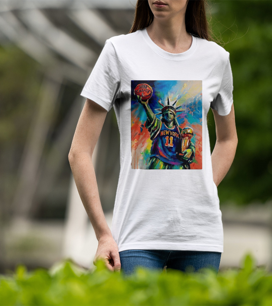 New York Knicks 11 Statue Of Liberty 2026 Champs Trophy Basketball T-Shirt