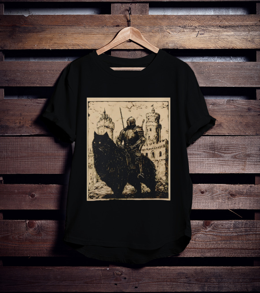 Knight Riding Giant Cat In Medieval Fantasy Castle Scene T-Shirt