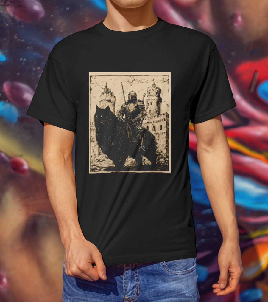 Knight Riding Giant Cat In Medieval Fantasy Castle Scene T-Shirt