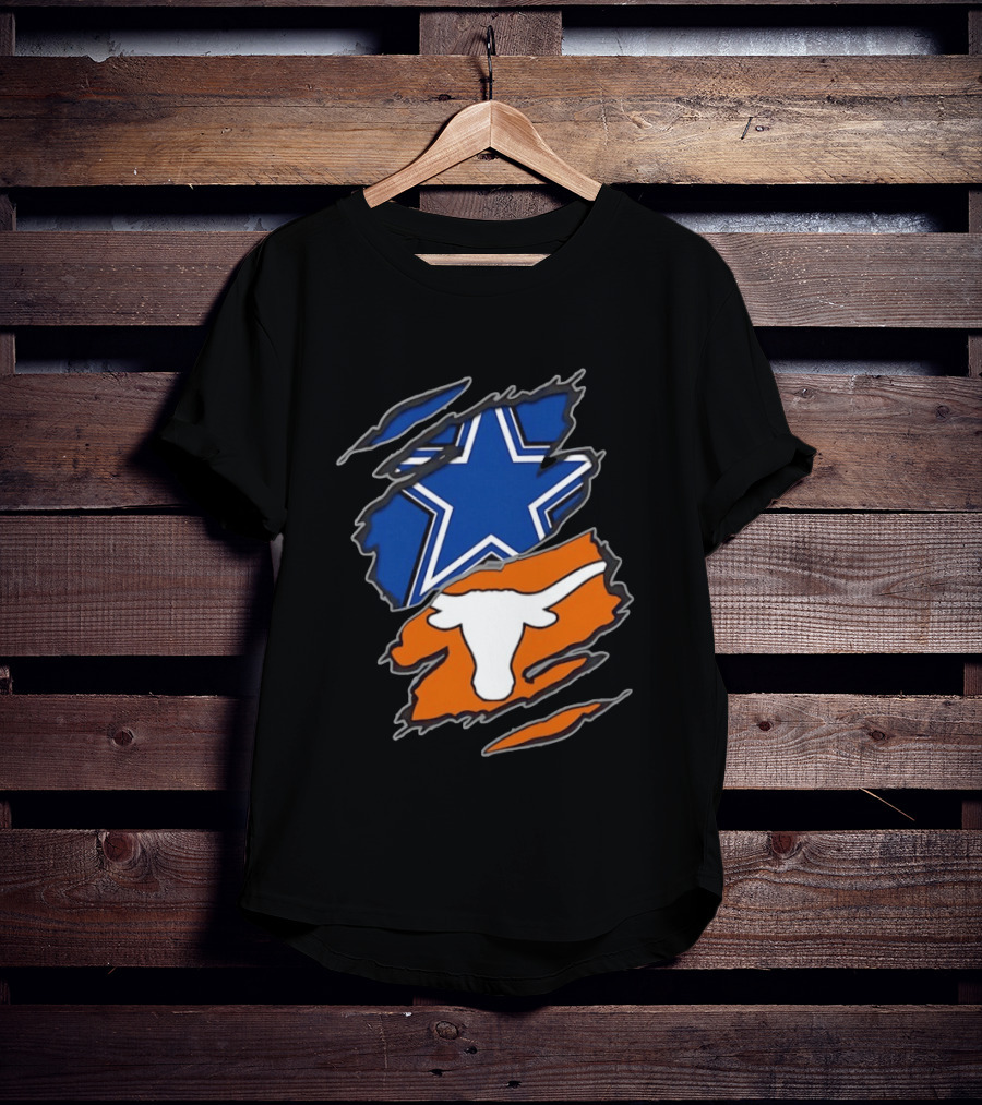 Dallas Cowboys Texas Longhorns Two Teams One Heart Scratch Torn Star Helmet T-Shirt