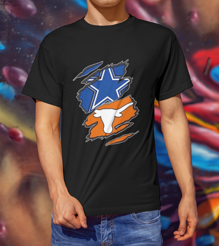 Dallas Cowboys Texas Longhorns Two Teams One Heart Scratch Torn Star Helmet T-Shirt