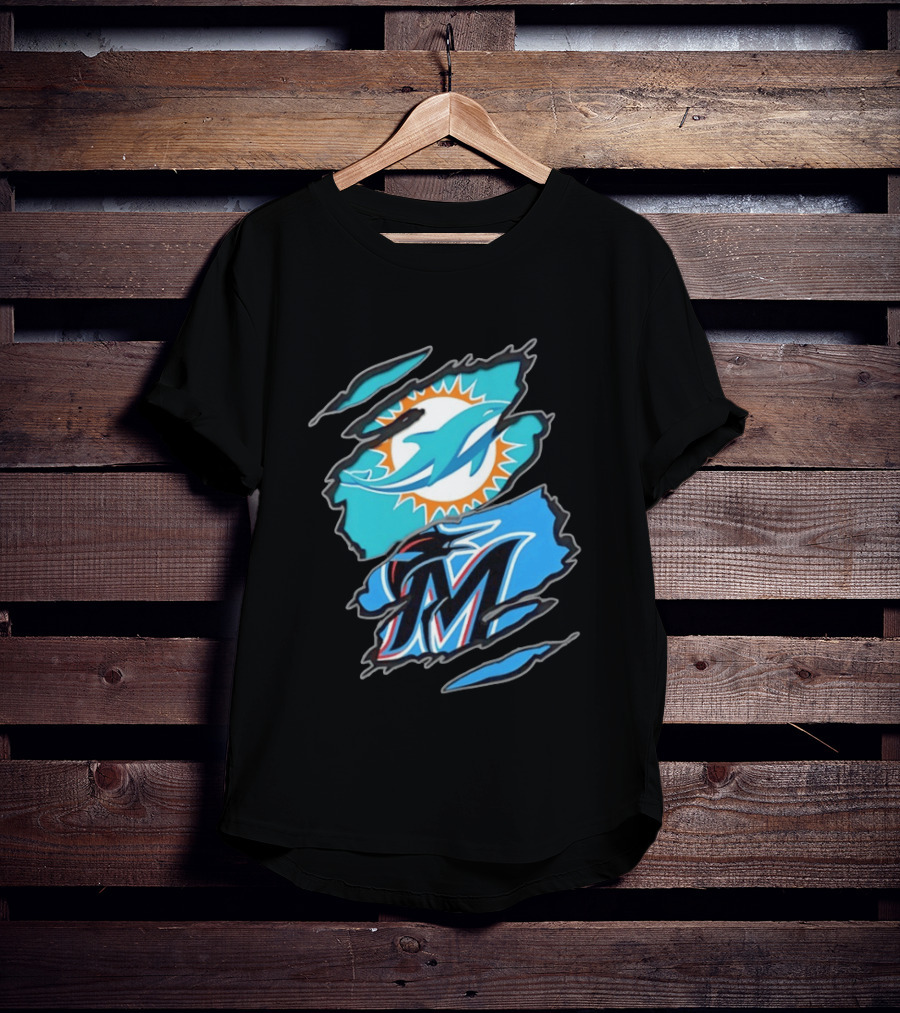 Miami Dolphins Miami Marlins Two Teams One Heart Scratch Marks T-Shirt