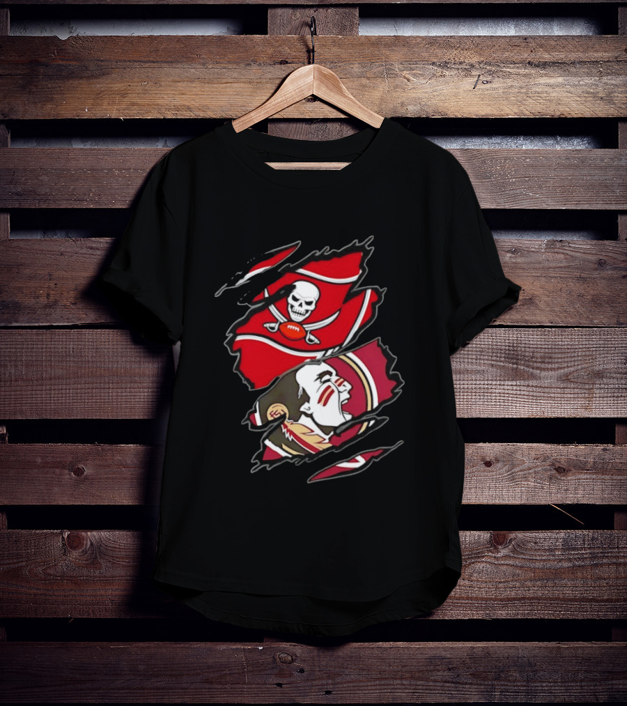 Tampa Bay Buccaneers And Florida State Seminoles Two Teams One Heart Scratch Skull Flag Warrior Face T-Shirt