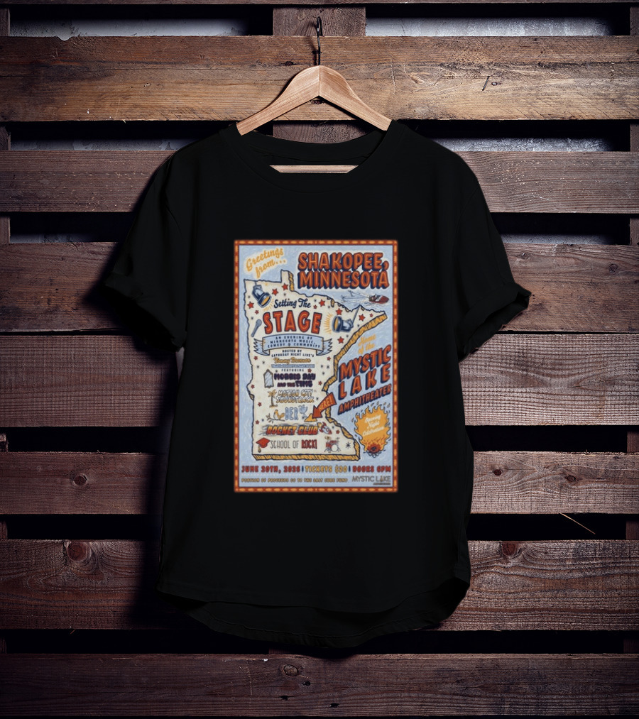 Greetings From Shakopee Minnesota Mystic Lake Amphitheater June 20 2026 Setting The Stage School Of Rock Band Event T-Shirt