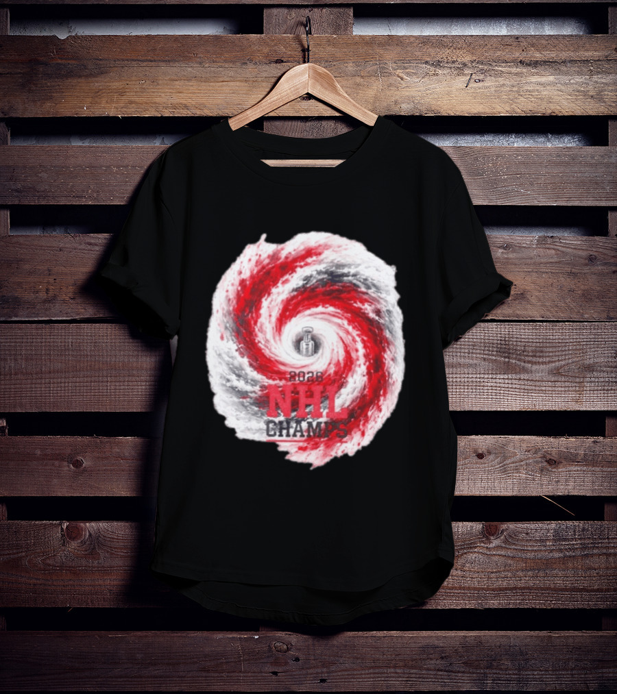 Carolina Hurricanes 2026 NHL Champs Storm With Hockey Trophy And Red Gray Swirl T-Shirt