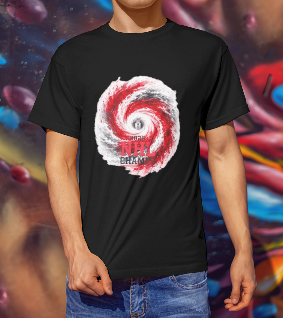 Carolina Hurricanes 2026 NHL Champs Storm With Hockey Trophy And Red Gray Swirl T-Shirt