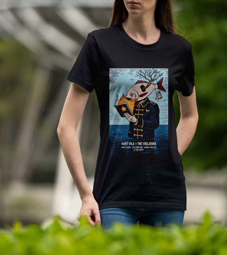 Kurt Vile + The Violators June 21 2026 Stone Pony Asbury Park NJ W/ The Sadies Surreal Fish Head Reading Book Burning Tree Swing T-Shirt