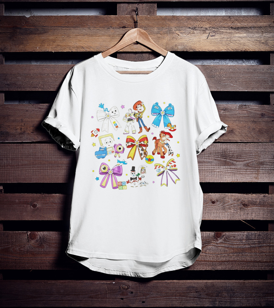 Woody Buzz Jessie Forky Andy Toy Story Characters With Colorful Bows T-Shirt