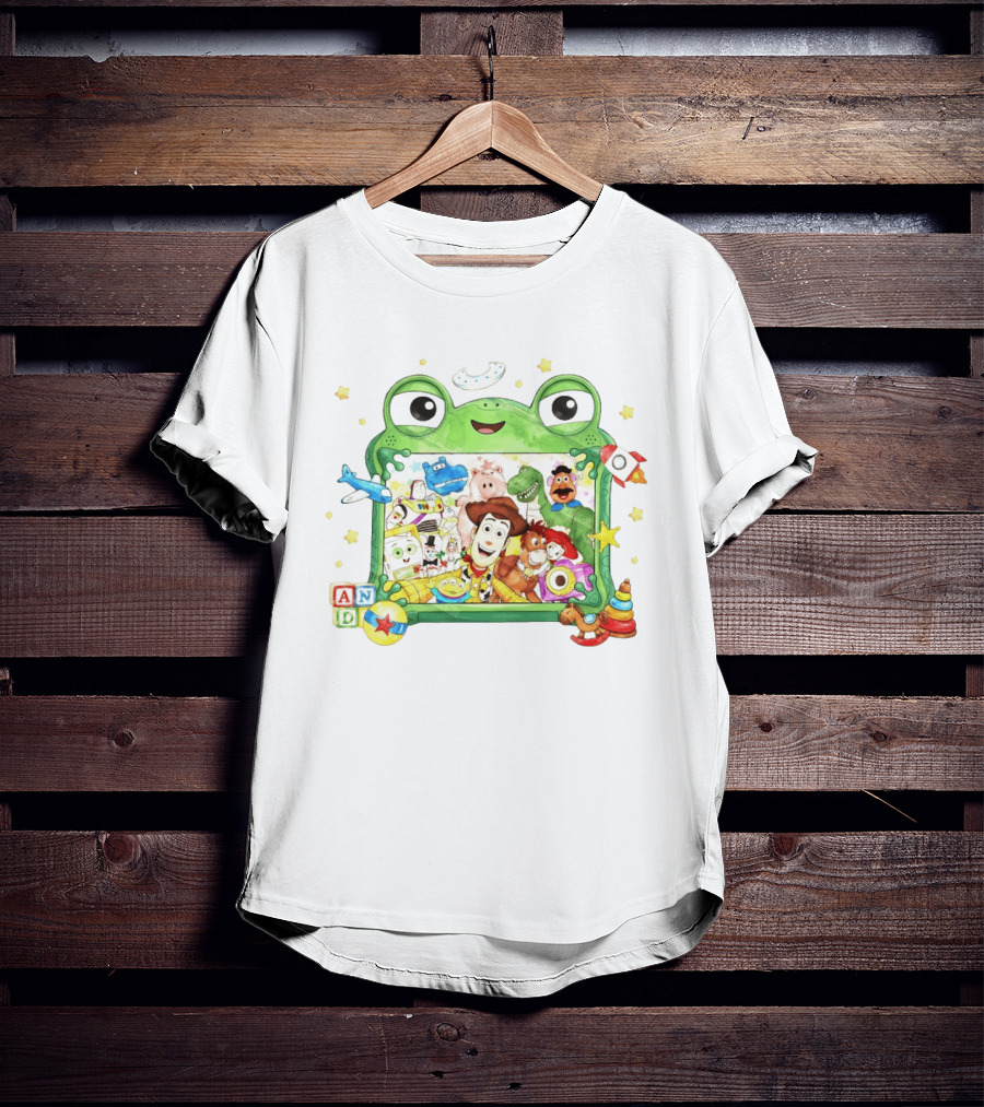 Woody And Buzz Lightyear Toy Story Characters Inside Frog Frame With Andy Blocks T-Shirt
