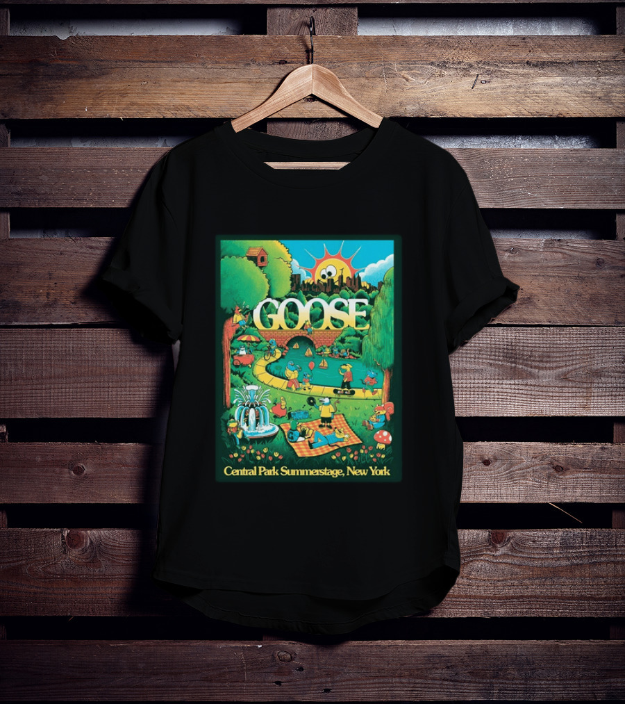 Goose Central Park Summerstage New York 2026 June 21 Lewy Jones Vibrant Park Scene With Sun And Fountain T-Shirt