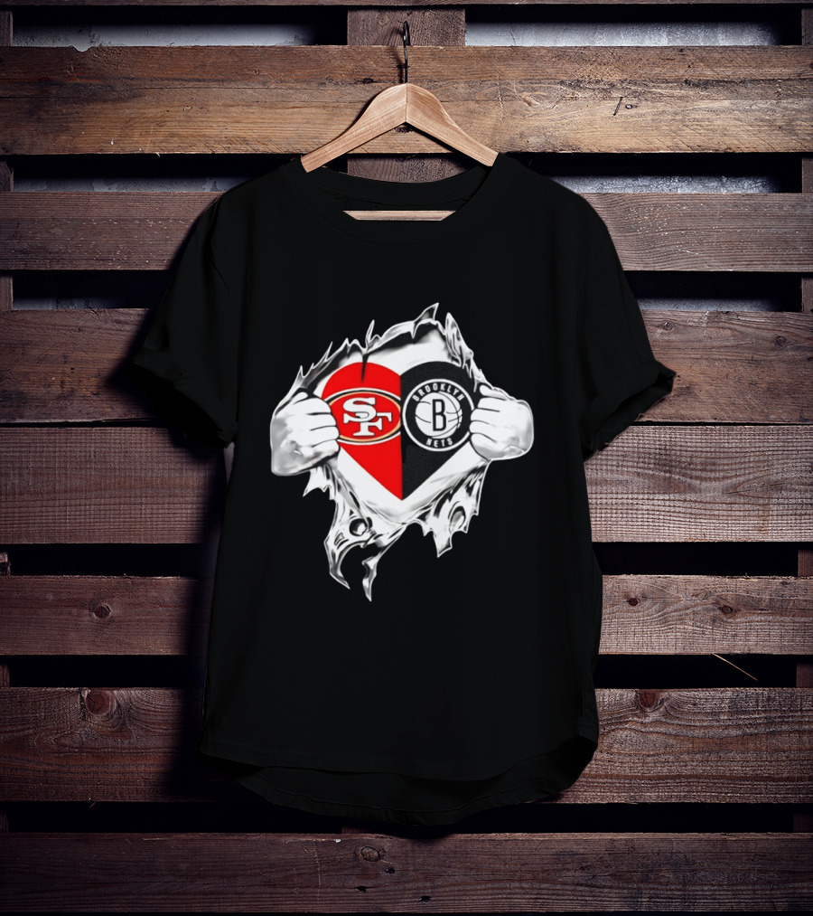 San Francisco 49ers Brooklyn Nets Heart Design Scratch Image T-Shirt