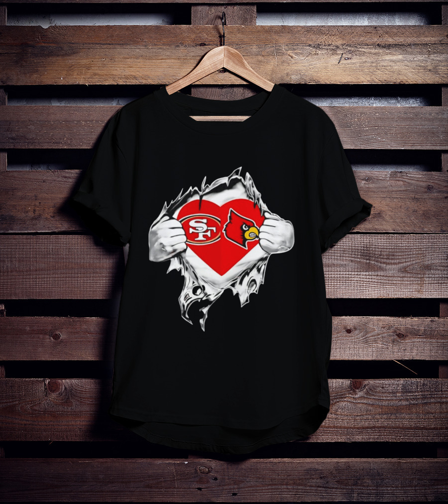 Louisville Cardinals San Francisco 49ers Heart Torn Edge Team Pride T-Shirt