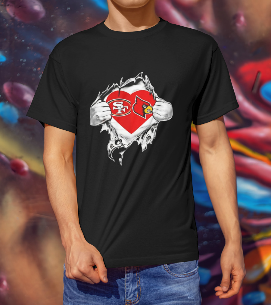 Louisville Cardinals San Francisco 49ers Heart Torn Edge Team Pride T-Shirt