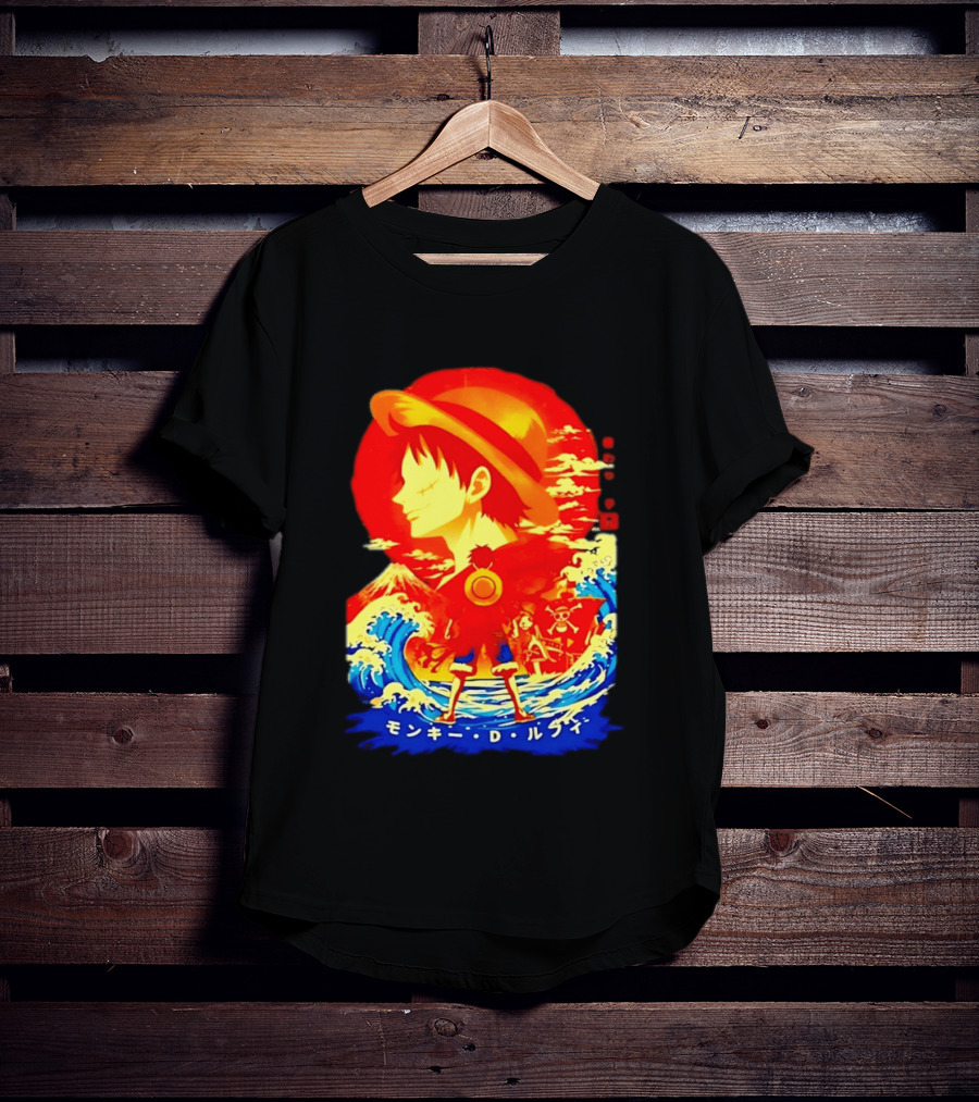 Monkey D. Luffy Straw Hat Waves Japanese Text One Piece Anime T-Shirt