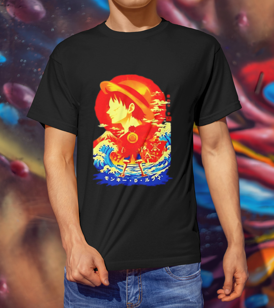 Monkey D. Luffy Straw Hat Waves Japanese Text One Piece Anime T-Shirt