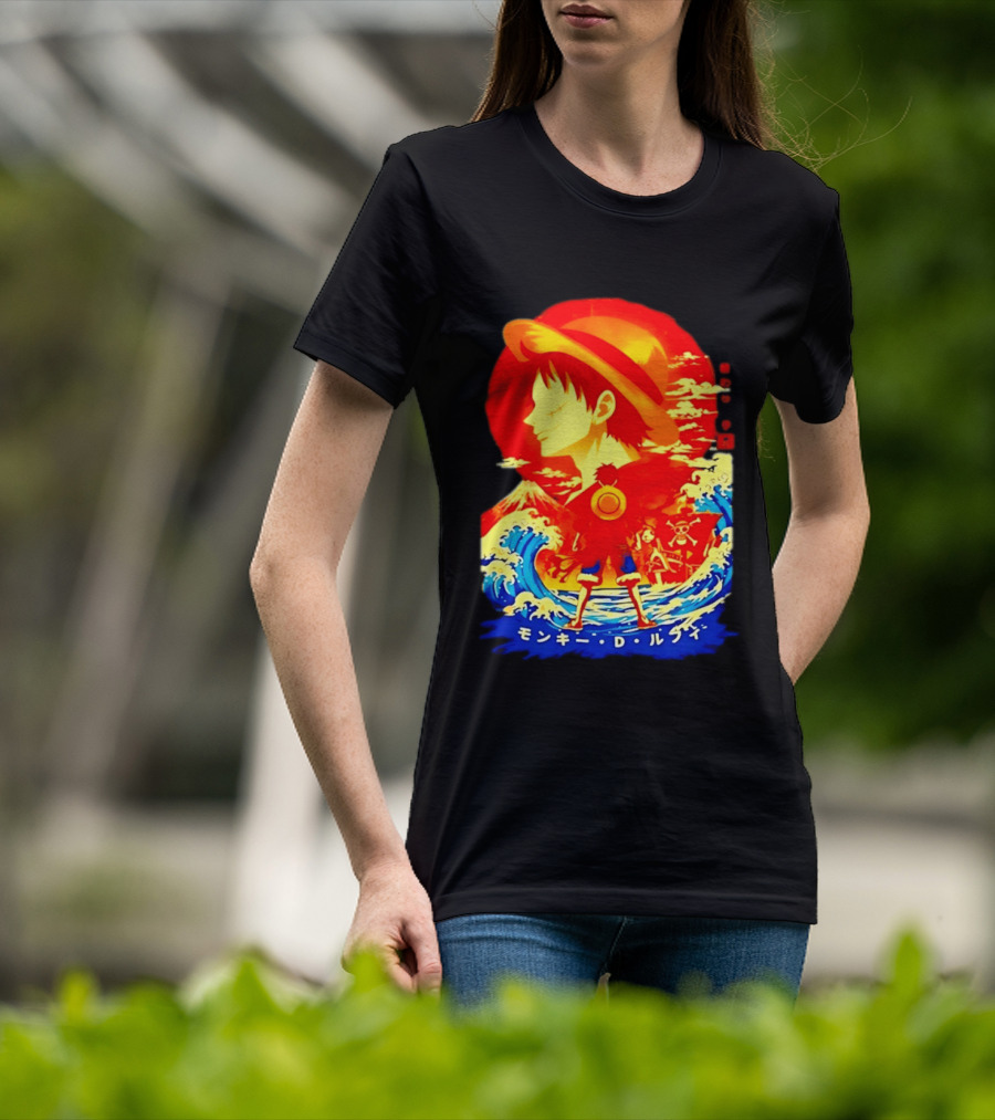 Monkey D. Luffy Straw Hat Waves Japanese Text One Piece Anime T-Shirt