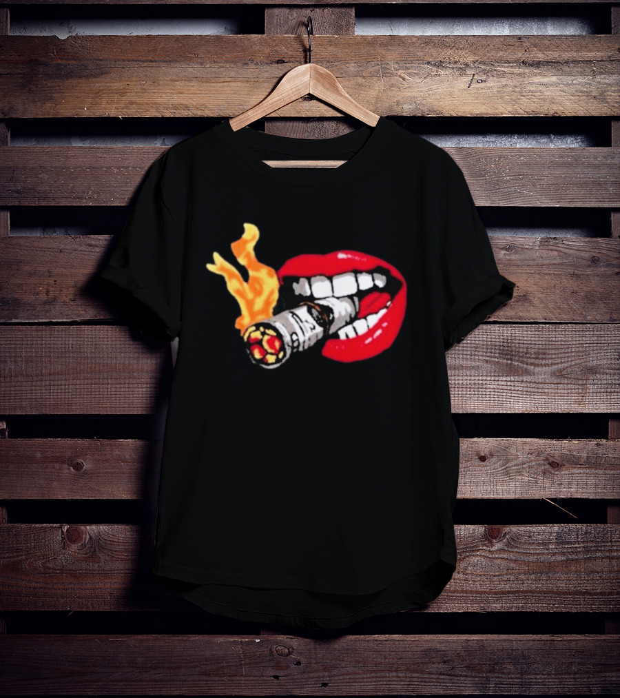 Flaming Smoking Money Lips Chenille T-Shirt