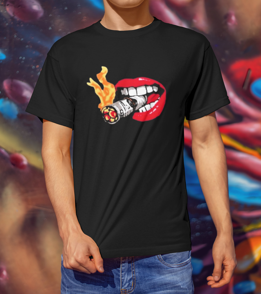 Flaming Smoking Money Lips Chenille T-Shirt