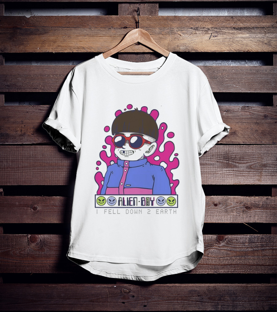 Alien Boy I Fell Down 2 Earth Cool Kid Retro Pink Smiley Vibes T-Shirt