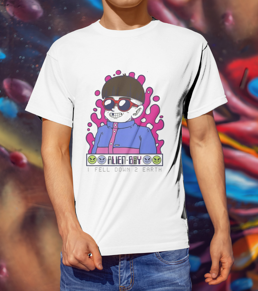 Alien Boy I Fell Down 2 Earth Cool Kid Retro Pink Smiley Vibes T-Shirt