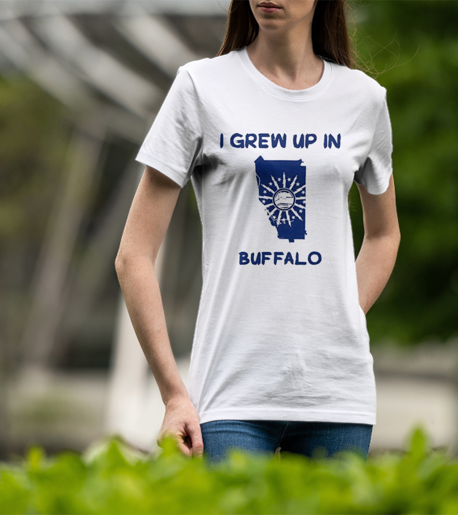 I Grew Up In Buffalo Map With Buffalo Silhouette And Sunburst T-Shirt