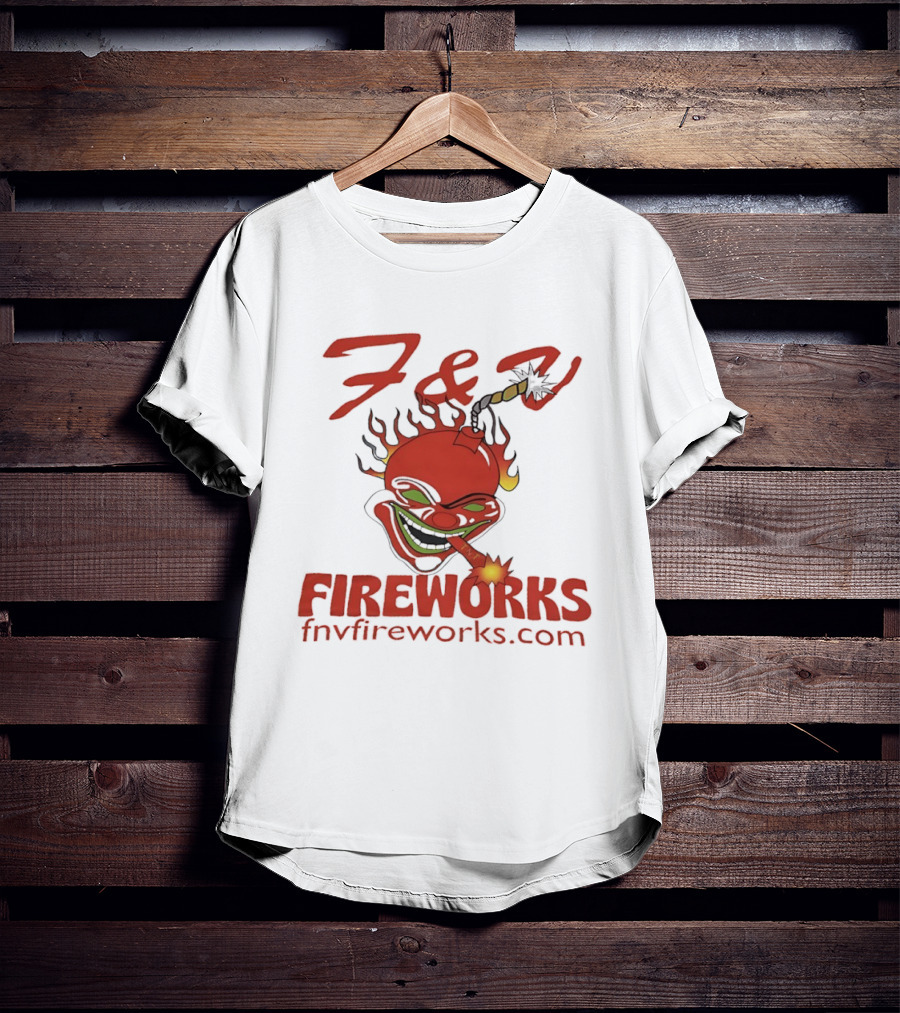 F & V Fireworks Clown Logo With Lit Firecracker And Fnvfireworks.com T-Shirt