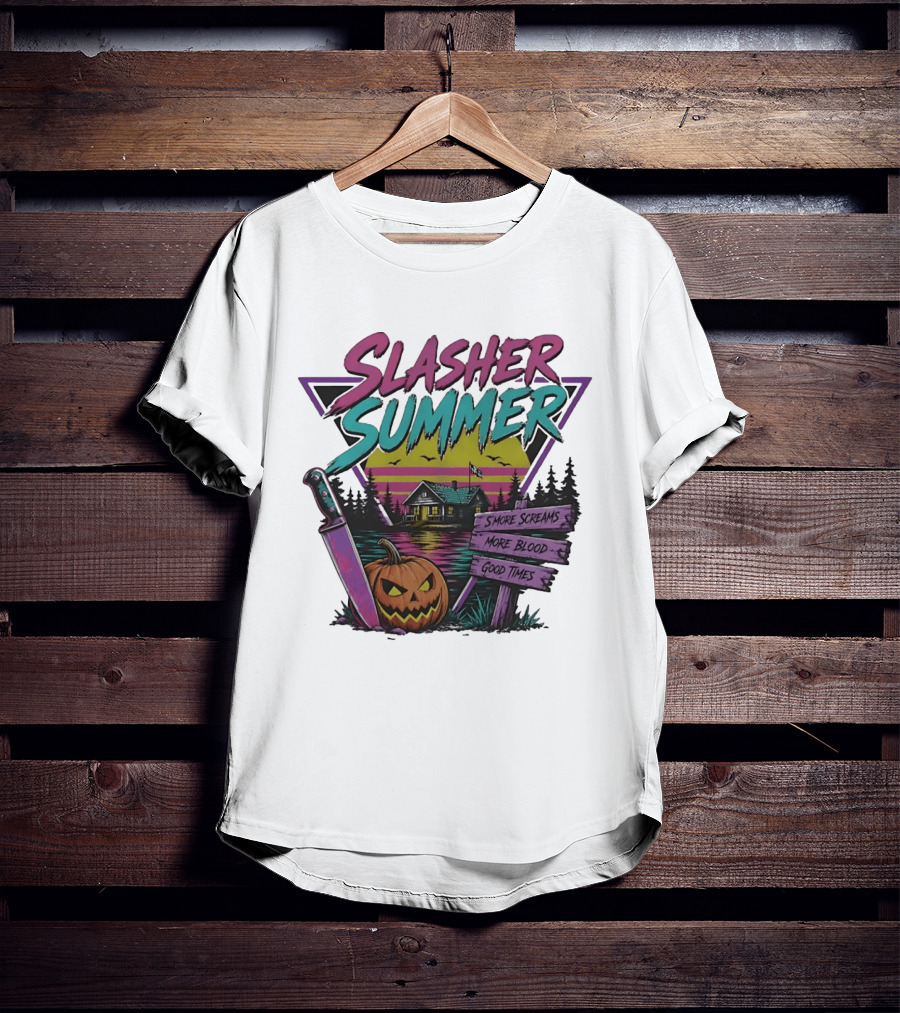Slasher Summer S'more Screams More Blood Good Times Cabin Pumpkin Knife T-Shirt