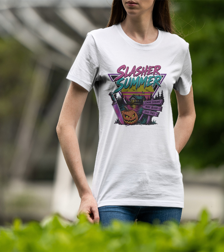 Slasher Summer S'more Screams More Blood Good Times Cabin Pumpkin Knife T-Shirt