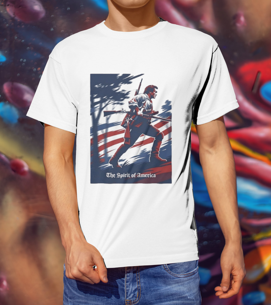 The Spirit Of America Revolutionary War Soldier With Musket And American Flag T-Shirt