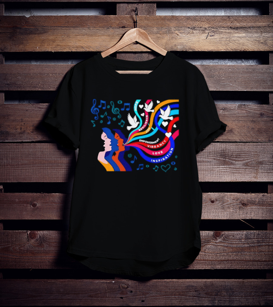 Women's Music Hope Resilience Joy Empowerment Vibrancy Love Inspiration Doves Notes Hearts T-Shirt