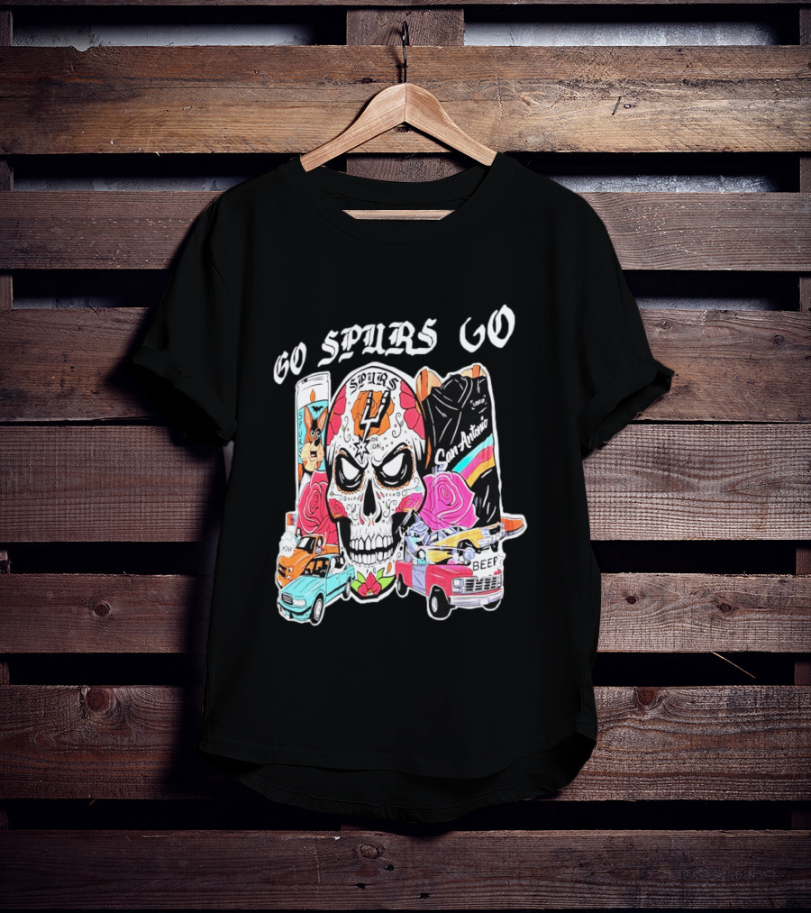 San Antonio Spurs Sugar Skull Go Spurs Go Vintage Cars Roses T-Shirt