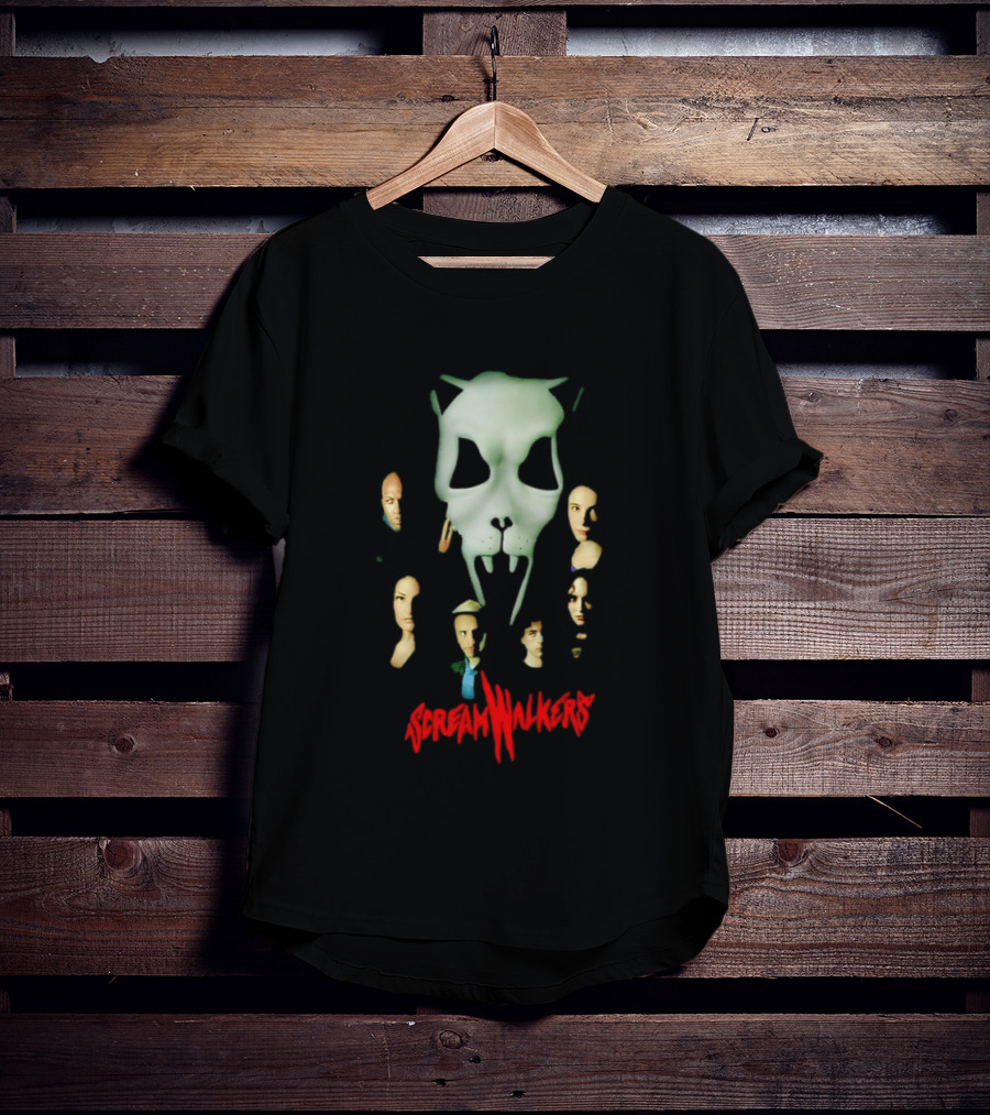 Screamwalkers Movie Cast Ensemble With Giant Mask Horror Faces T-Shirt