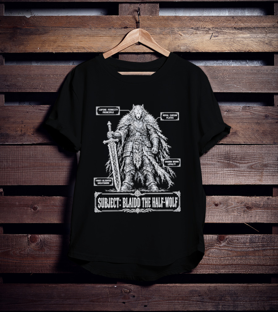 Blaidd Half Wolf Diagram Giant Sword Layered Fur Combat Form Analysis T-Shirt