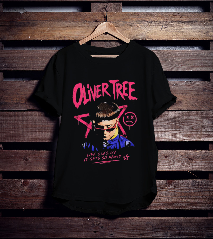 Oliver Tree Life Goes On It Gets So Heavy X Symbol Pink Text Sad Face T-Shirt