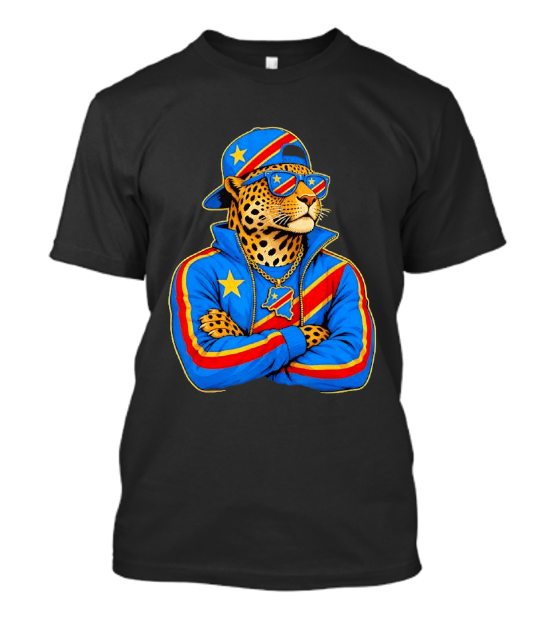 DR Congo Flag Colors Leopard In Hip Hop Style Outfit T-Shirt