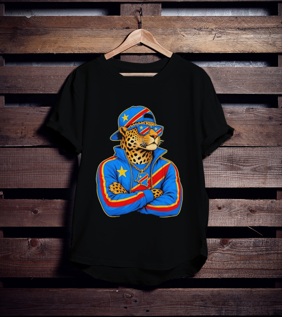 DR Congo Flag Colors Leopard In Hip Hop Style Outfit T-Shirt