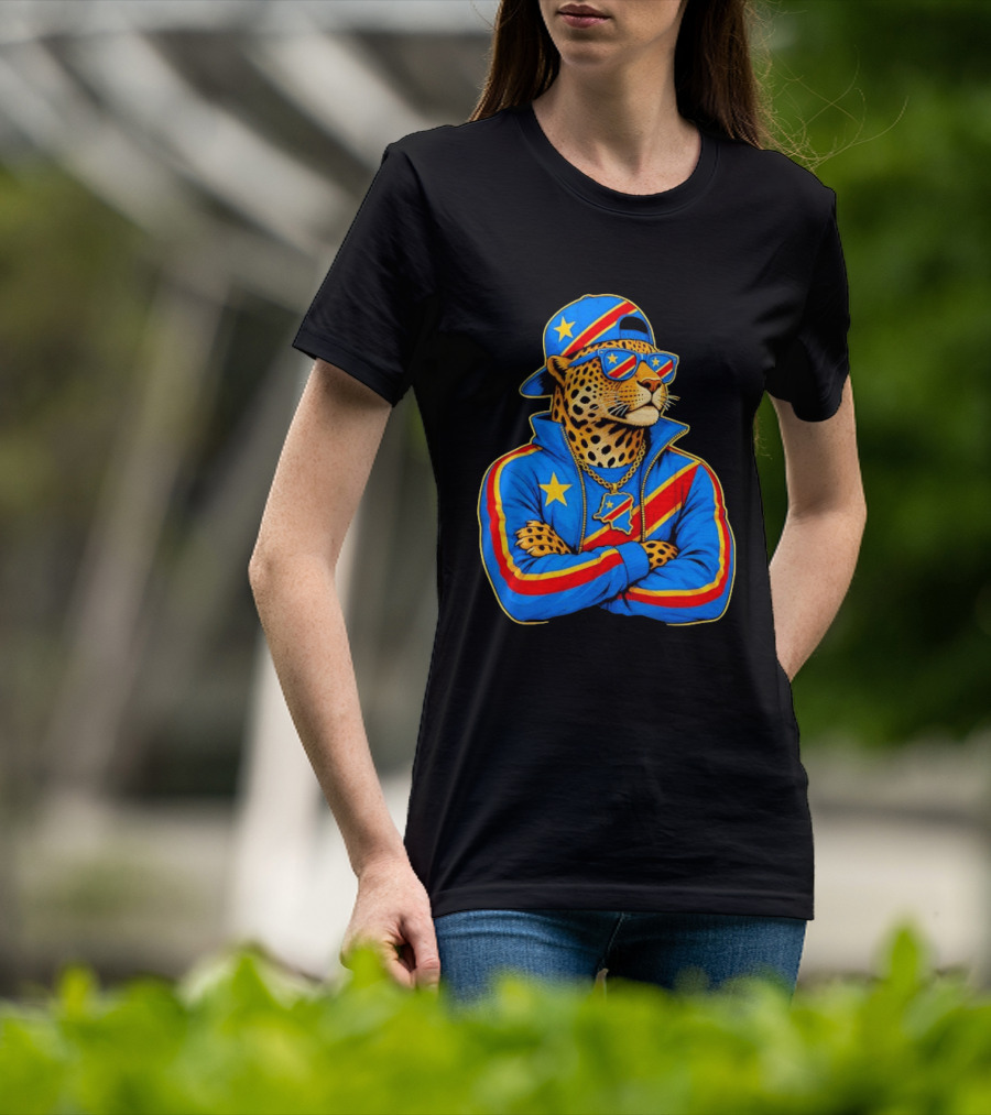 DR Congo Flag Colors Leopard In Hip Hop Style Outfit T-Shirt