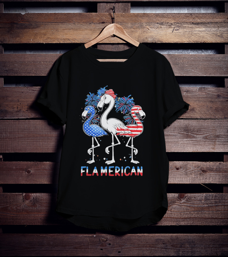 Flamerican Flamingo Fireworks Patriotic Fourth Of July T-Shirt