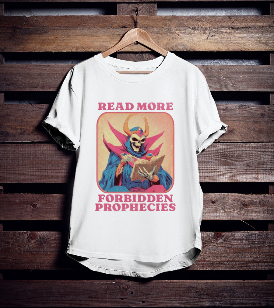 Read More Forbidden Prophecies Skeleton Cloaked Figure Holding Book T-Shirt