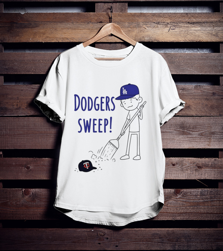 Dodgers Sweep Cartoon Figure In LA Cap Broom Action T-Shirt