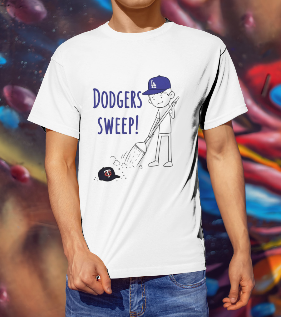 Dodgers Sweep Cartoon Figure In LA Cap Broom Action T-Shirt
