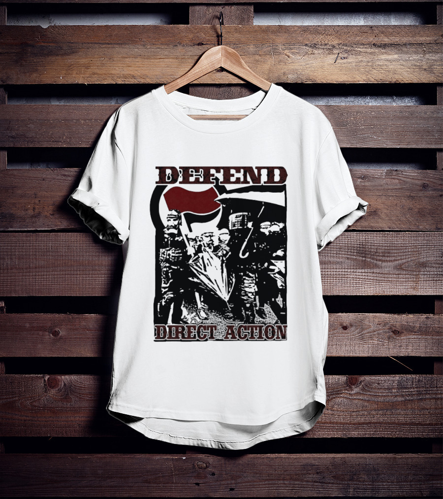Defend Direct Action Antifa Protest Imagery With Red Flag Iconography T-Shirt