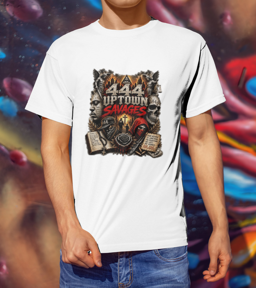 444 Uptown Savages Urban Gothic Art With Skulls And Roses T-Shirt