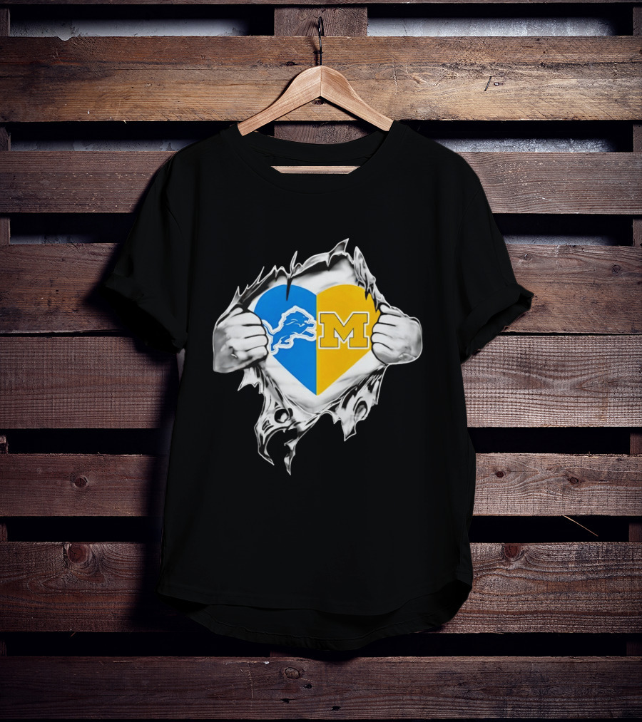 Detroit Lions Michigan Wolverines Heart Torn Reveal T-Shirt