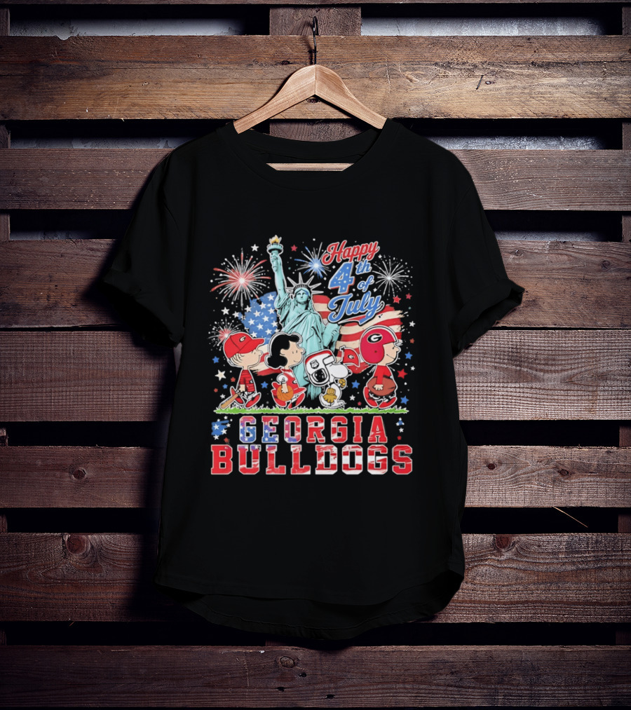 Georgia Bulldogs Snoopy Abbey Road Happy 4th Of July Statue Of Liberty Fireworks T-Shirt