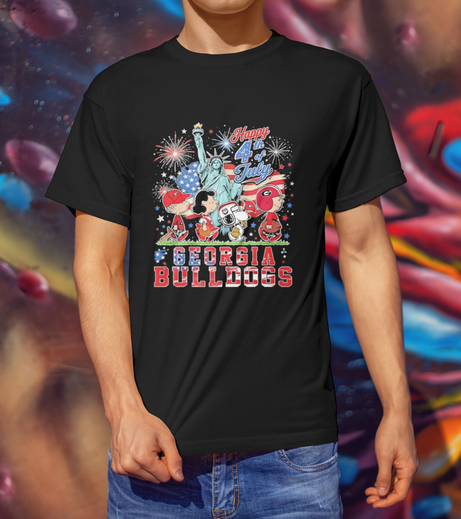 Georgia Bulldogs Snoopy Abbey Road Happy 4th Of July Statue Of Liberty Fireworks T-Shirt