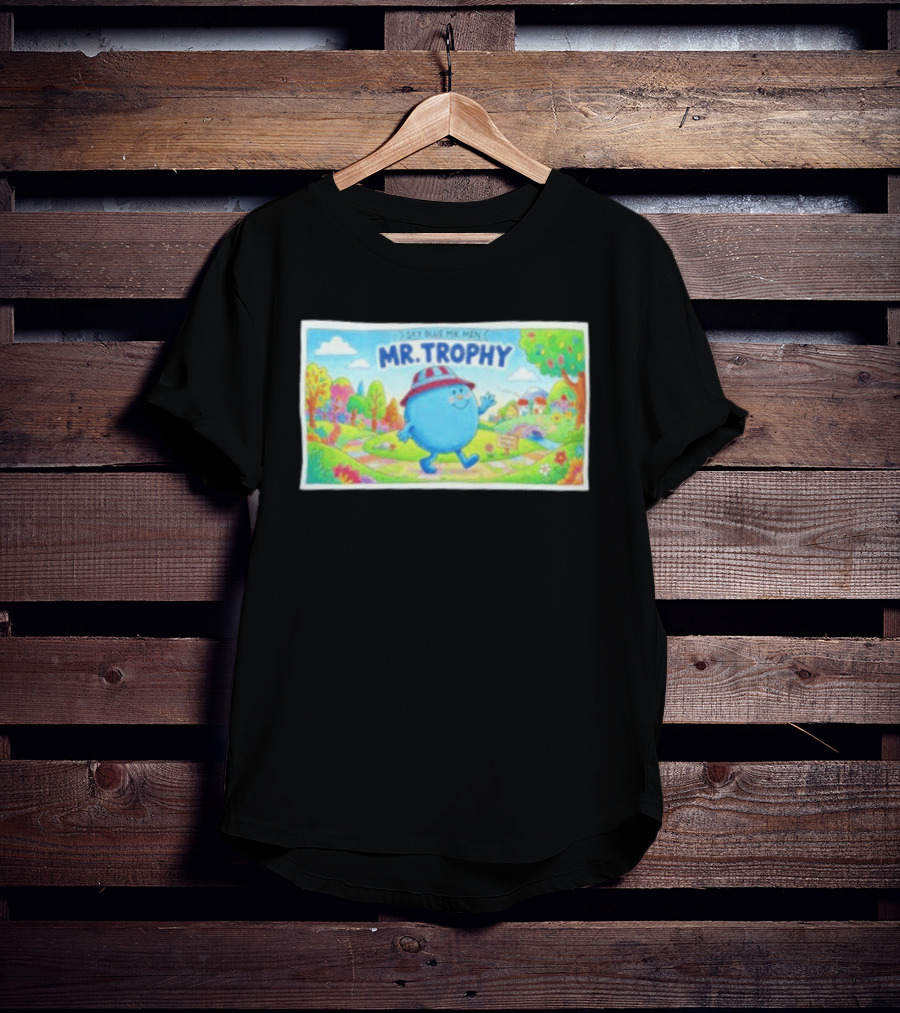 Sky Blue Mr. Men Mr. Trophy Character In Colorful Landscape Scene T-Shirt