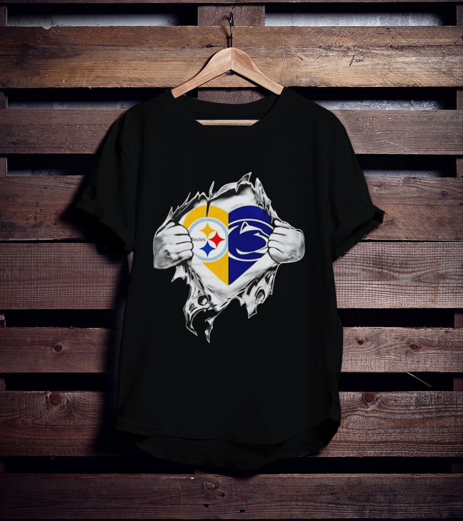 Steelers Penn State Heart Fan Logo Torn Fabric T-Shirt