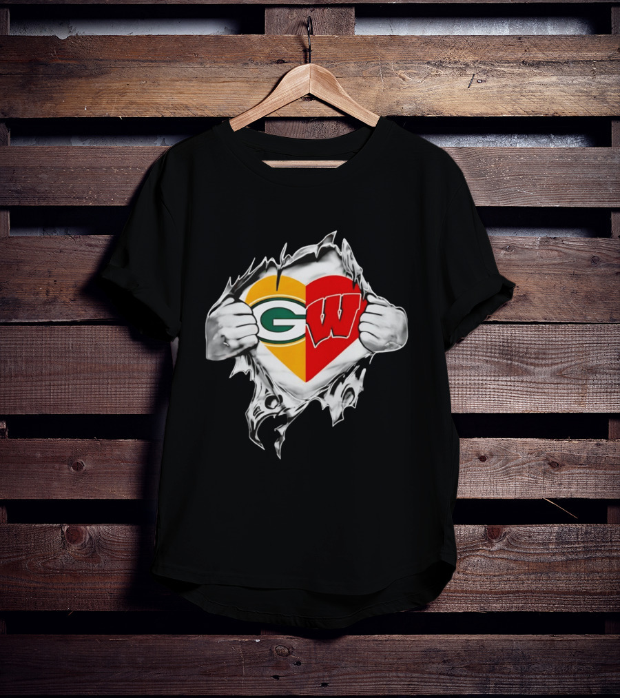 Packers Badgers Heart Logo Green Bay Wisconsin NCAA Fan Gear T-Shirt