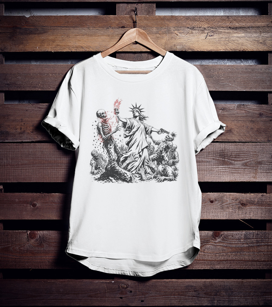 Statue Of Liberty Battling Zombies With Torch And Pistol T-Shirt